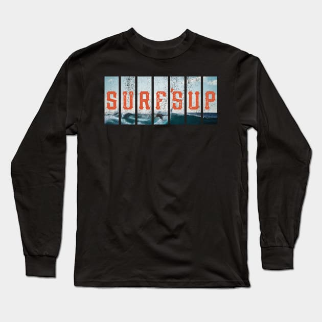 Hang 10 Surfs Up Beach Retro Distressed Surfing Long Sleeve T-Shirt by lucidghost